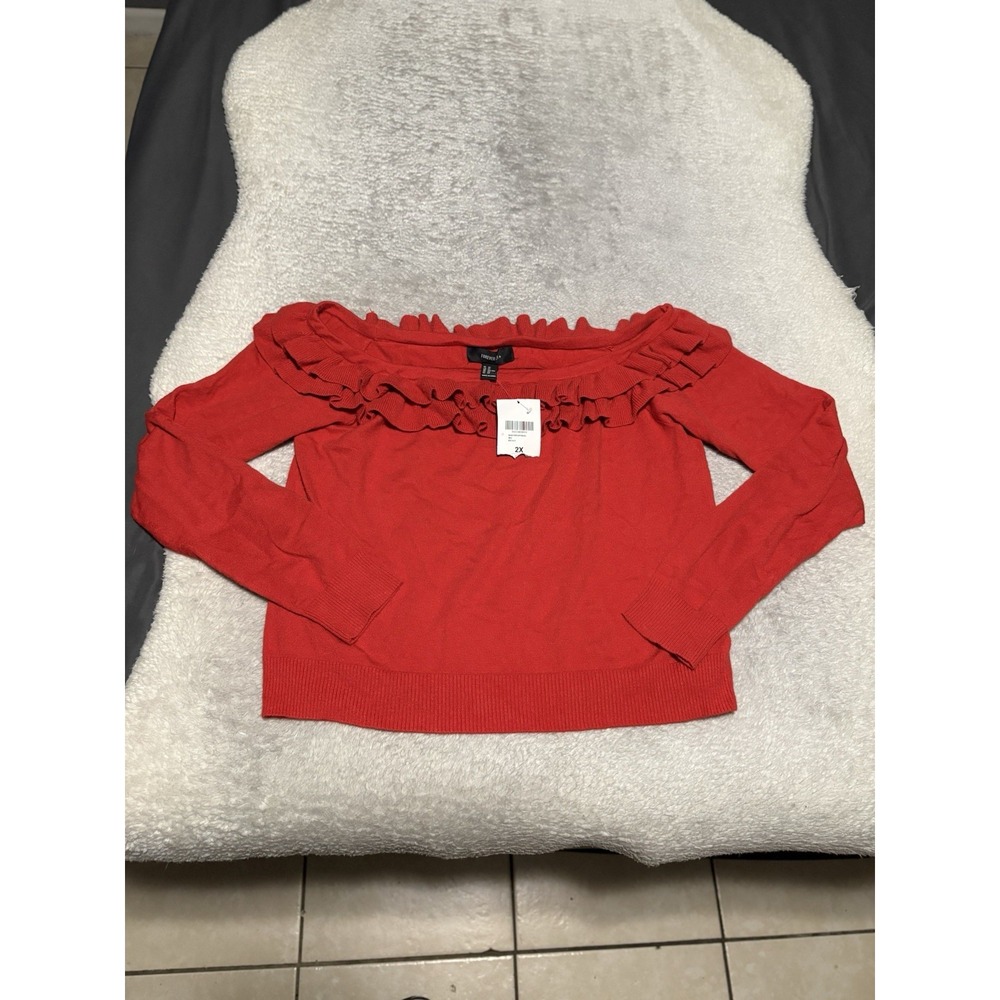 Forever 21 Red Off The Shoulder Ruffle Sweater 2X Plus Size NWT Long Sleeve Knit